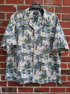 Vintage Roundtree & Yorke XXL Short Sleeve Button Up Palm Floral Camp Shirt F5